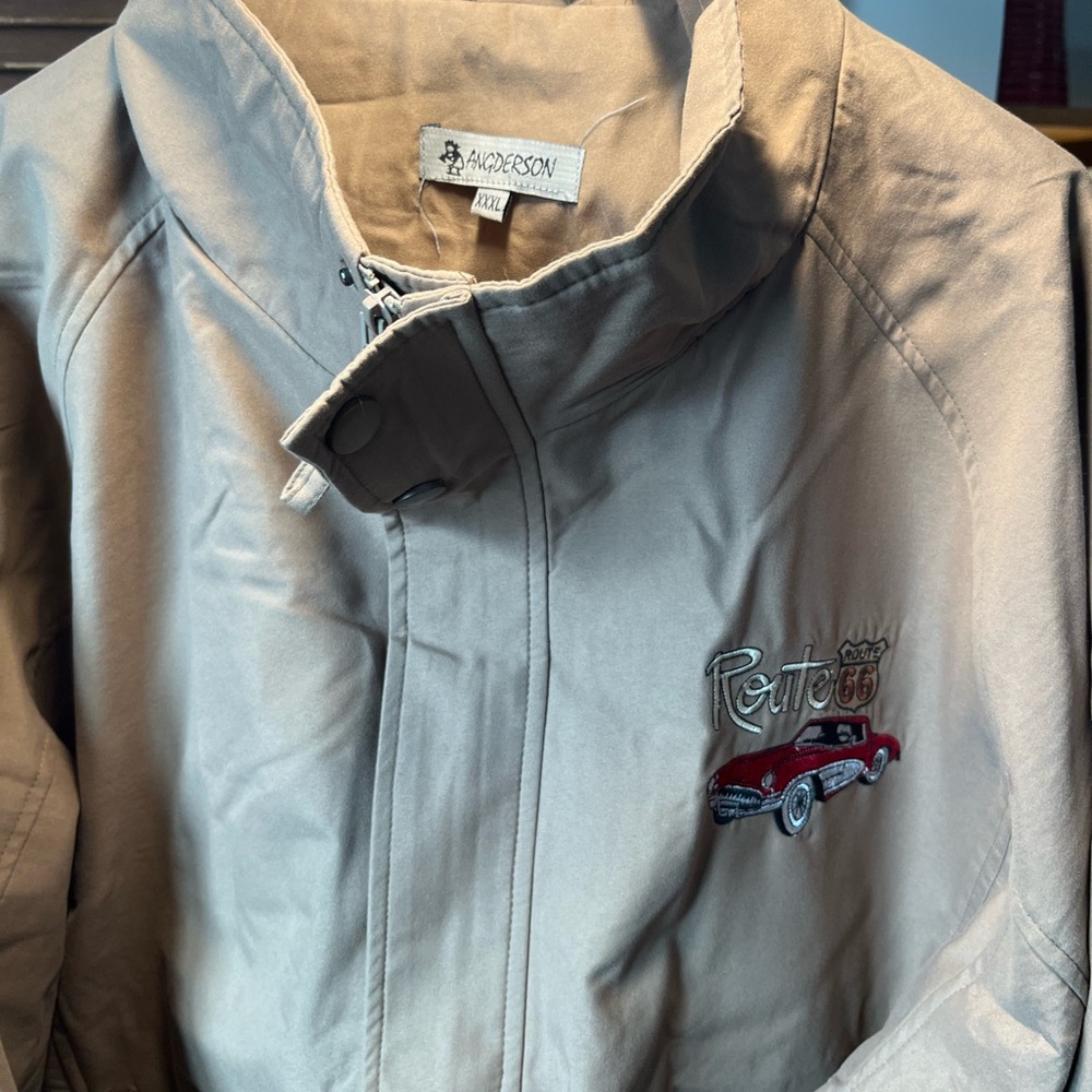 Angderson Route 66 Embroidered Jacket Tan Khaki Full Zip Corvette Mens XXXL‎